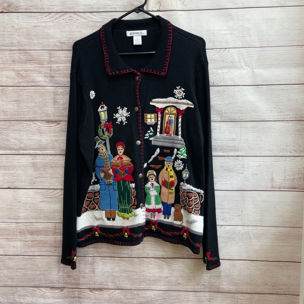VINTAGE ARRIVISTE APPLIQUED AND EMBROIDERED‎ CHRISTMAS SWEATER IN BLACK